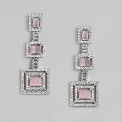Estele Rhodium Plated CZ Geometric Designer Necklace Set with Mint Pink Crystals for Women