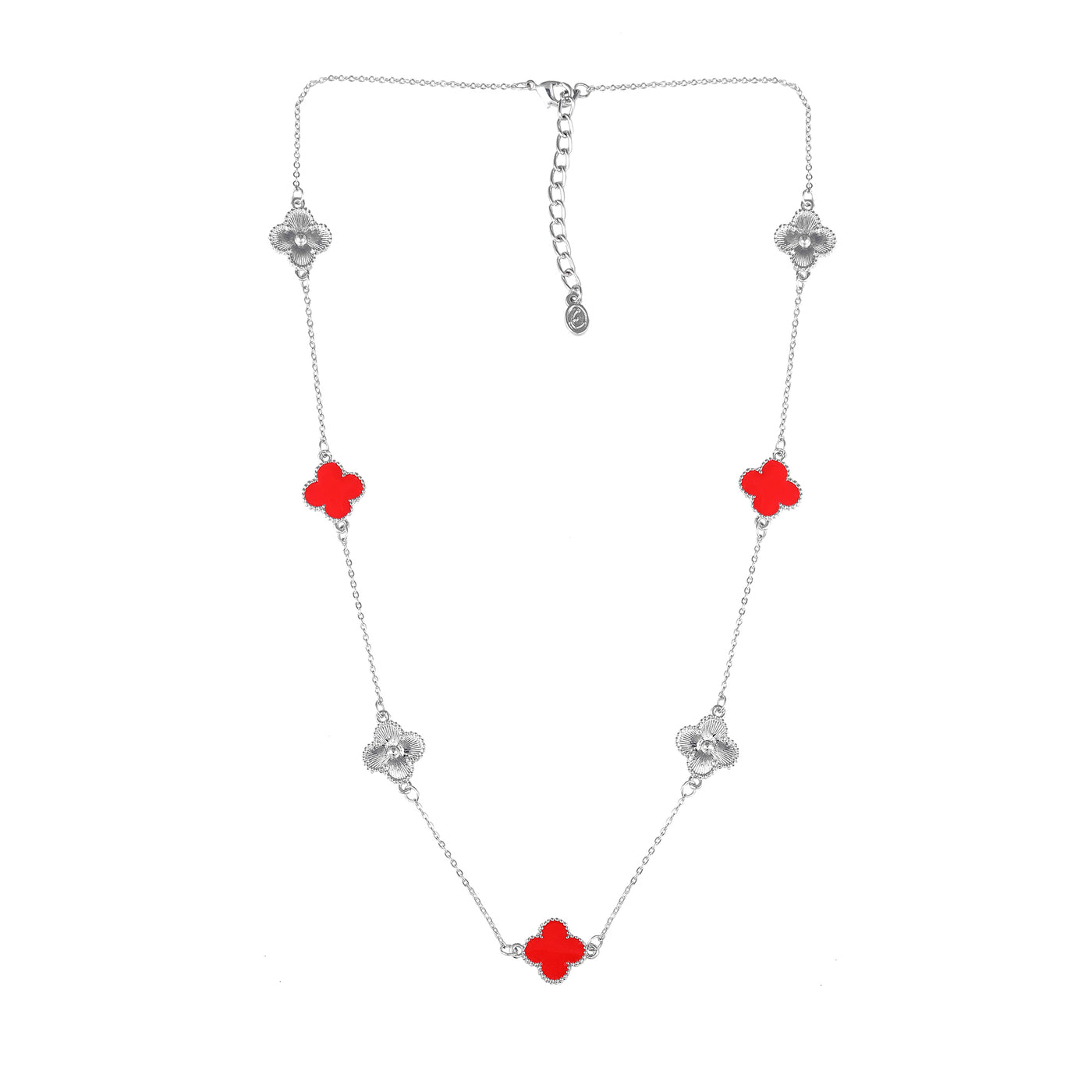 Estele Rhodium Plated Red Enamel Captivating Four Leafy Designed Long Pendant Necklace with Adjustable Chain for Women and Girls