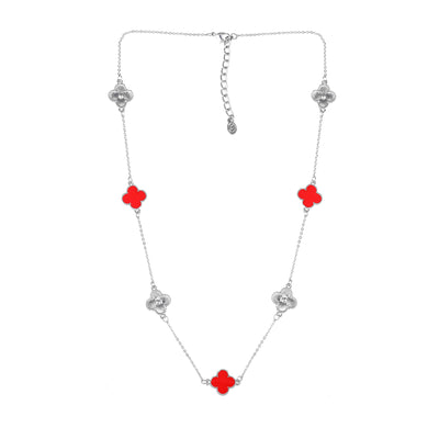 Estele Rhodium Plated Red Enamel Captivating Four Leafy Designed Long Pendant Necklace with Adjustable Chain for Women and Girls