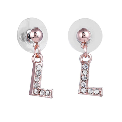 Estele Rose Gold Plated Magnificent Medium 'L' Letter Earrings with Crystals for Women