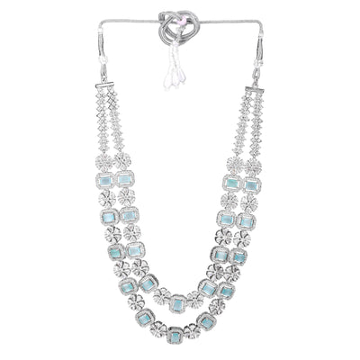 Estele Rhodium Plated CZ Astonishing Double Layered Necklace Set with Mint Green and White Crystals for Women