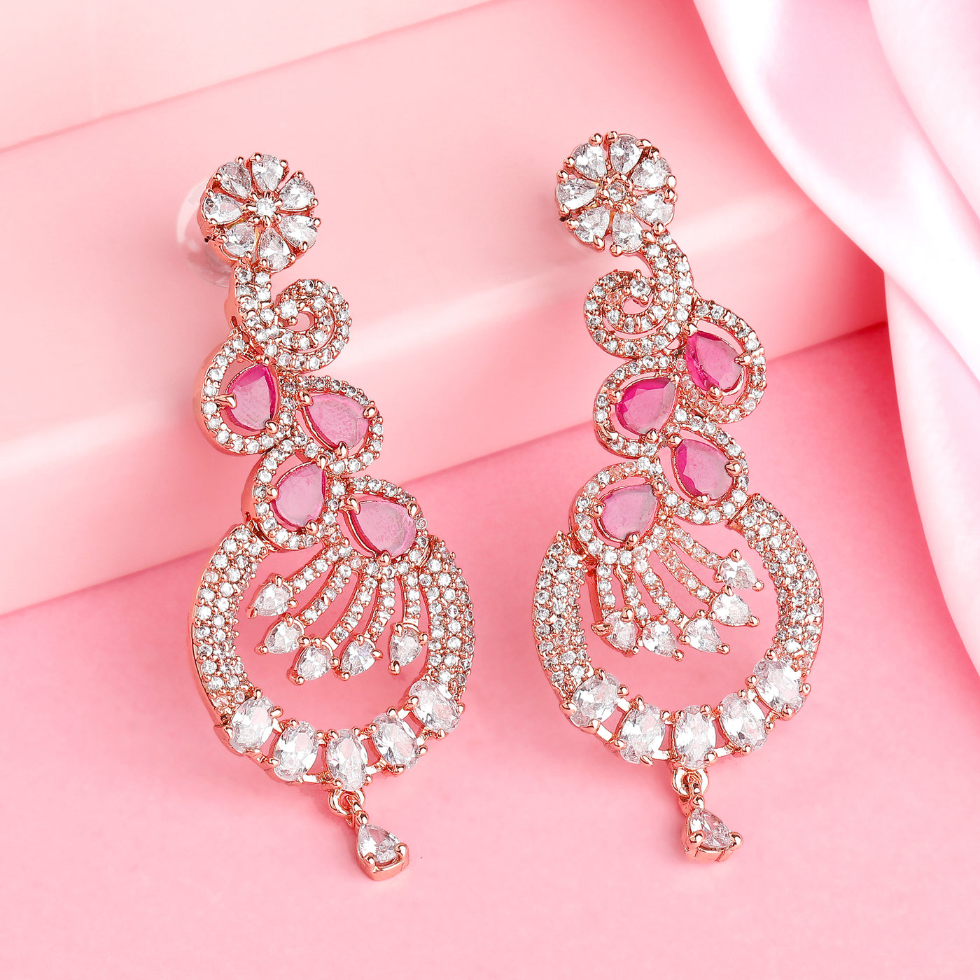 Estele Rose Gold Plated CZ Scintillating Earrings with Ruby Crystals for Women