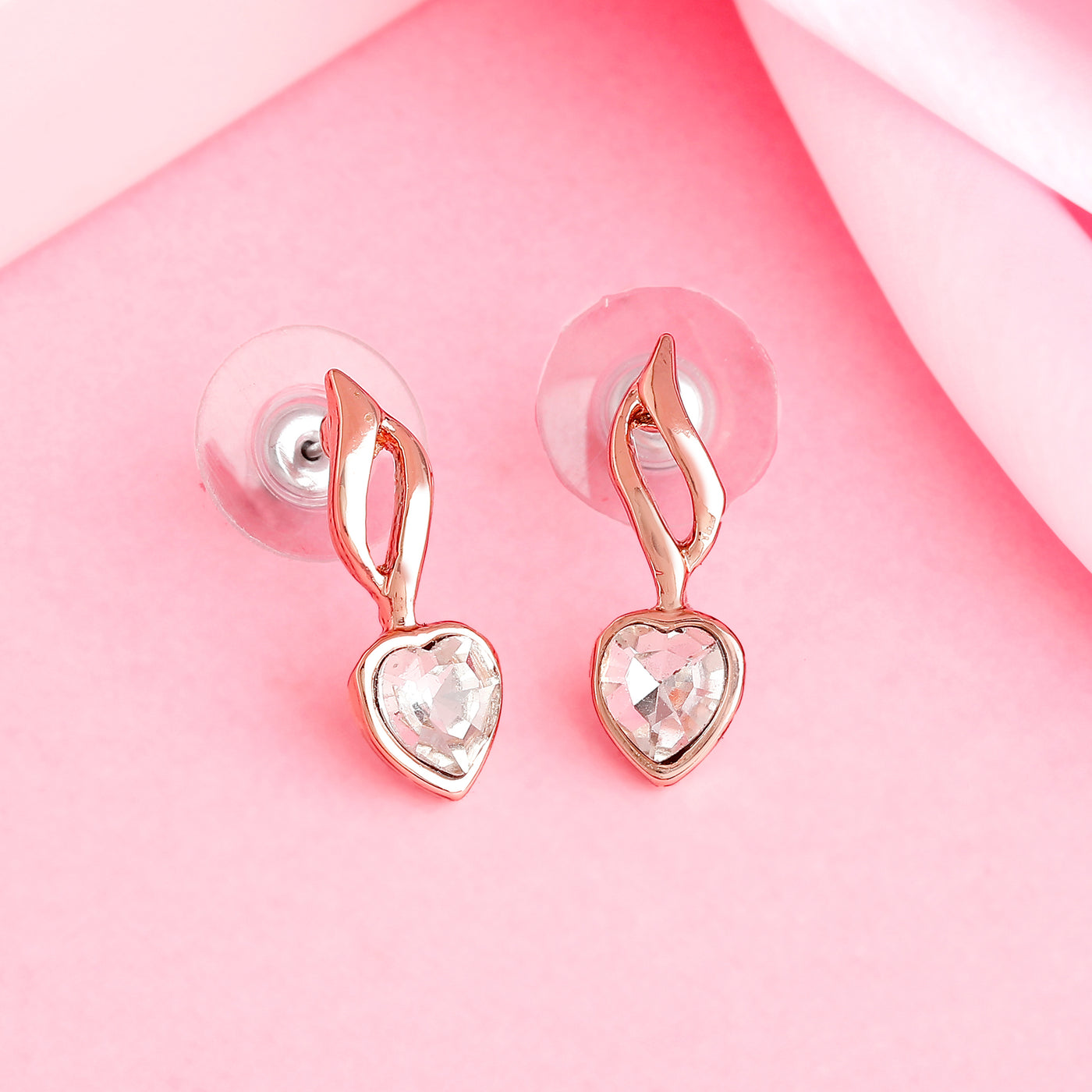 Estele Rose Gold Plated Heart Shaped Earrings with White Crystal for Women