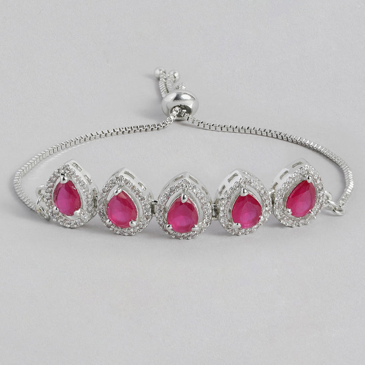 Estele Rhodium Plated CZ Precious Pears Bracelet with Ruby Crystals for Women