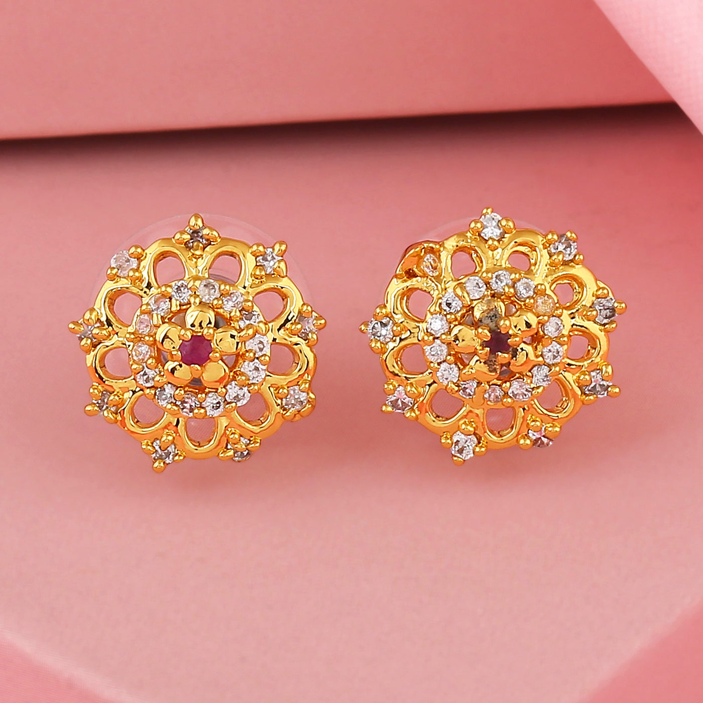 Estele Gold Plated American Diamond Flower Bunch Stud Earrings for women