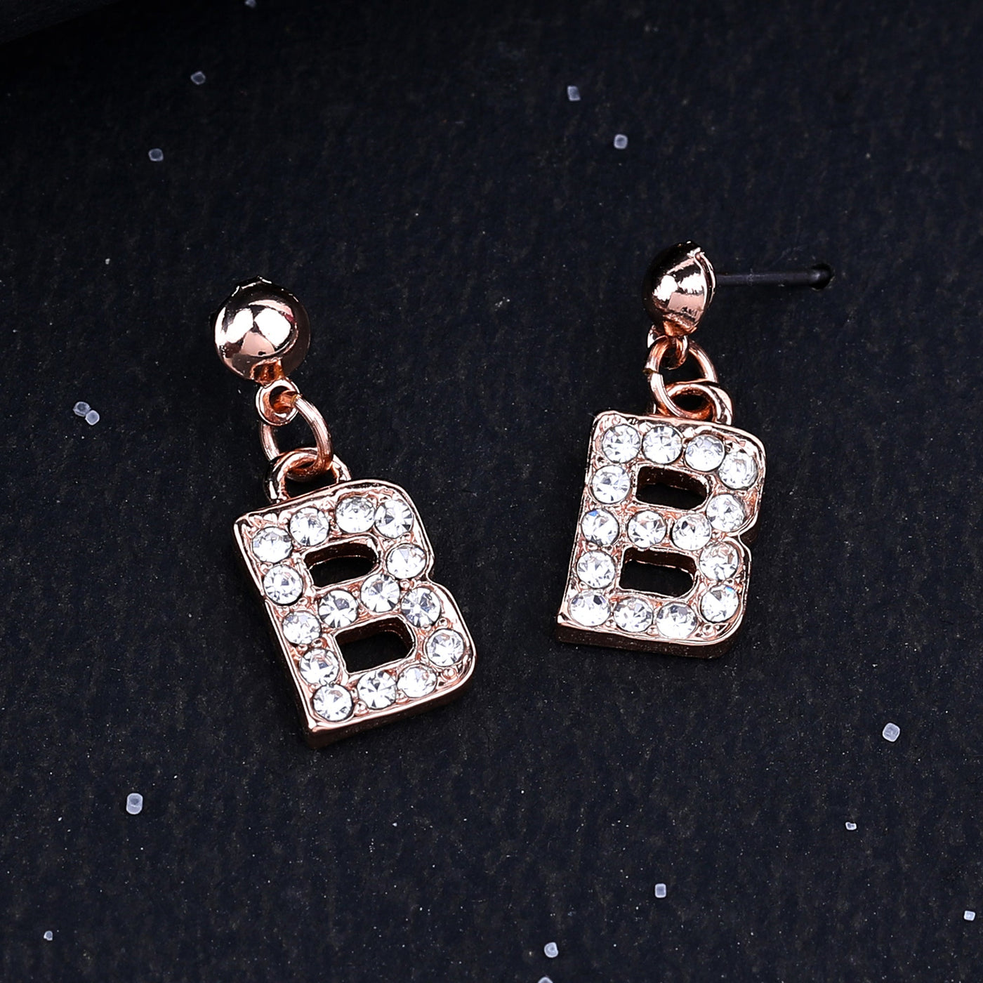 Estele Rose Gold Plated Magnificent Medium 'B' Letter Earrings with Crystals for Women