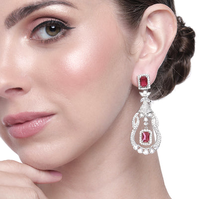 Estele Rhodium Plated CZ Scintillating Drop Earrings with Tourmaline Pink Stone for Women