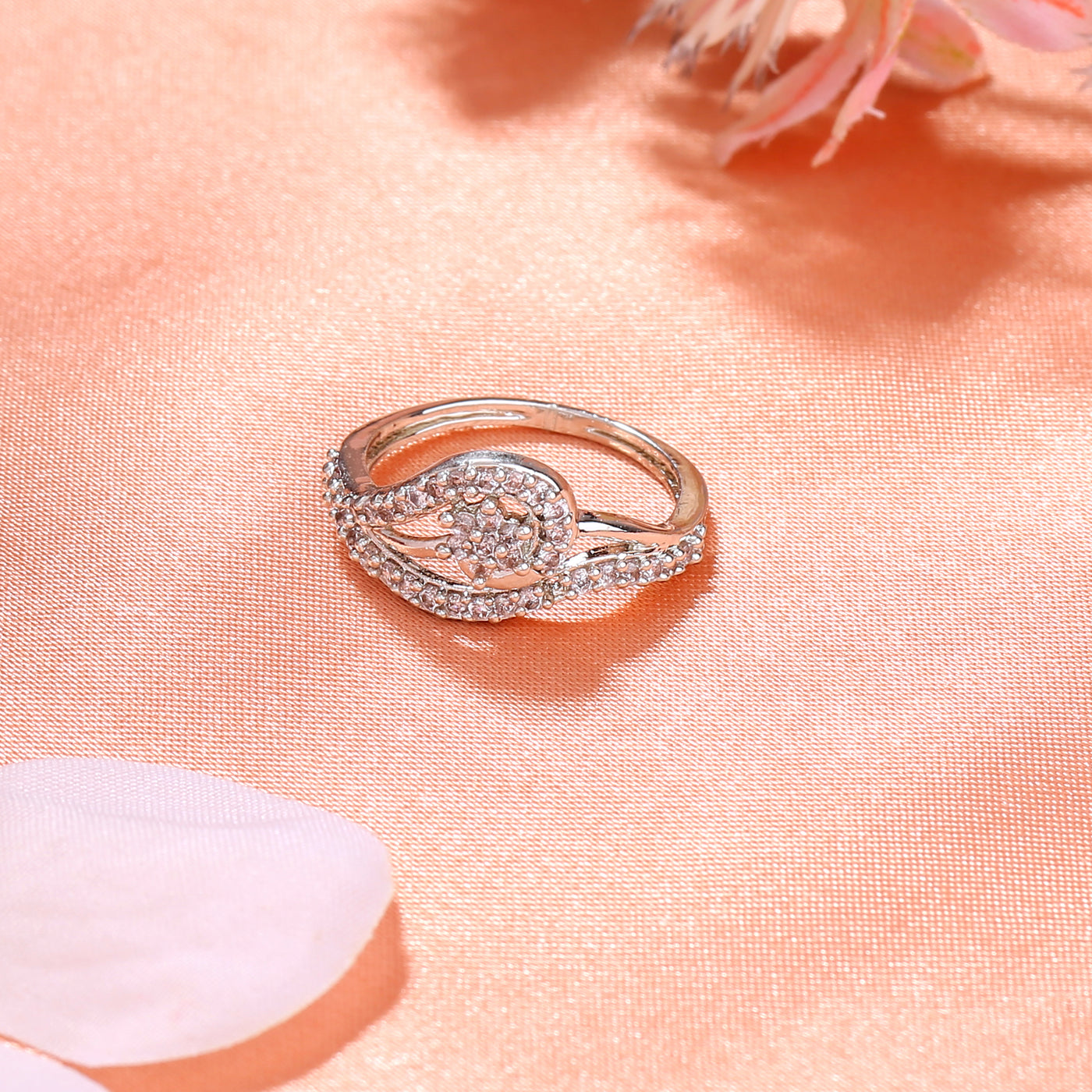 Estele Rhodium Plated CZ Flower Designer Finger Ring for Women