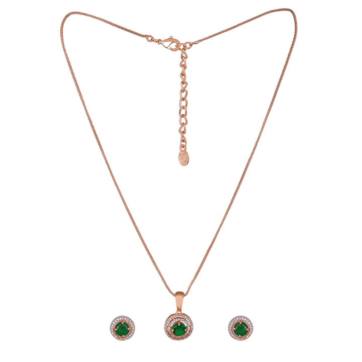 Estele Rose Gold Plated CZ Circular Designer Pendant Set with Green Stones for Women