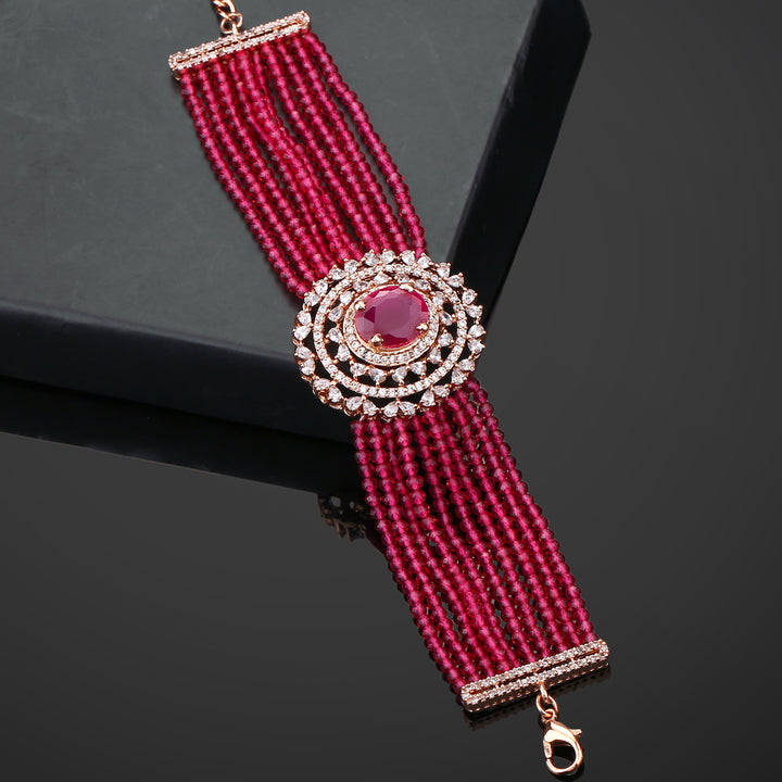 Estele Rose Gold Plated CZ Gorgeous Multi-Layered Bracelet with Ruby Stones for Women