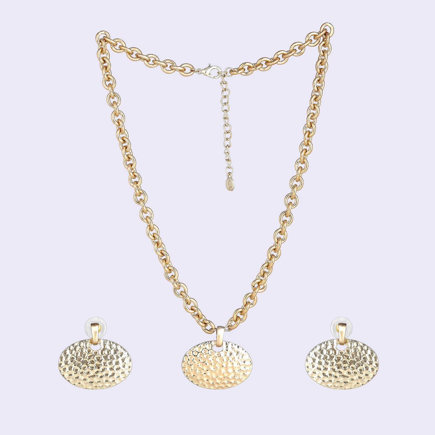 Estele Gold Tone Modern Elliptical Design Beaten Gold Necklace Set for Women