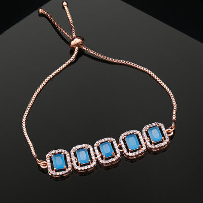 Estele Rose Gold Plated CZ Ossum Octagon Bracelet with Mint Blue Stones for Women