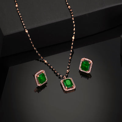 Estele Rose Gold Plated CZ Square Designer Mangalsutra Necklace Set with Emerald Stones for Women