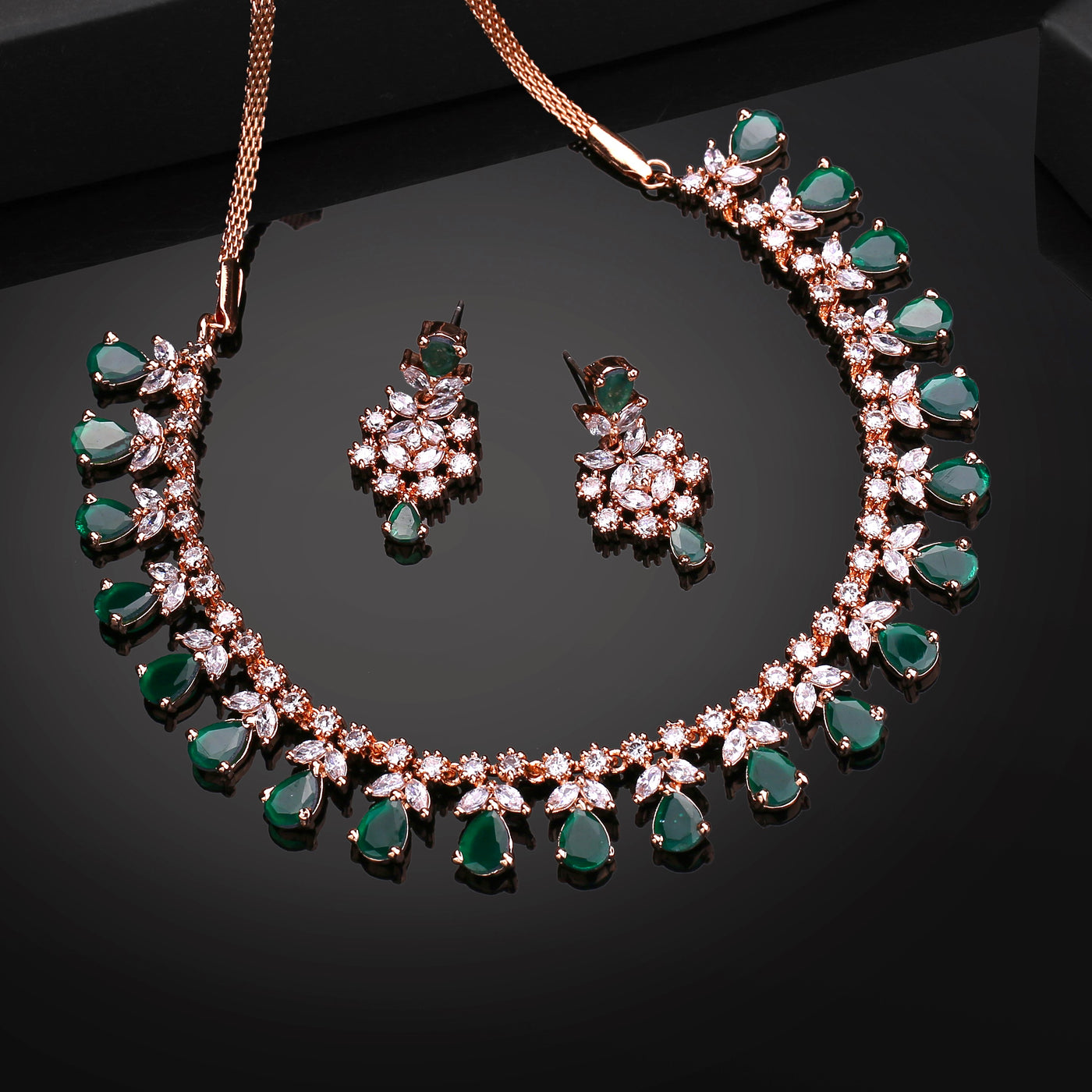 Estele Rose Gold Plated CZ Glamorous Necklace Set with Green Stones for Women