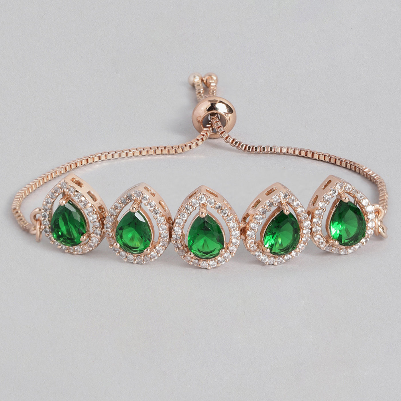Estele Rose Gold Plated CZ Precious Pears Bracelet with Emerald Crystals for Women