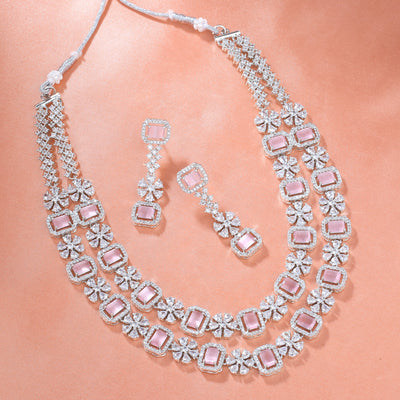 Estele Rhodium Plated CZ Fascinating Double Layered Necklace Set with Mint Pink and White Crystals for Women