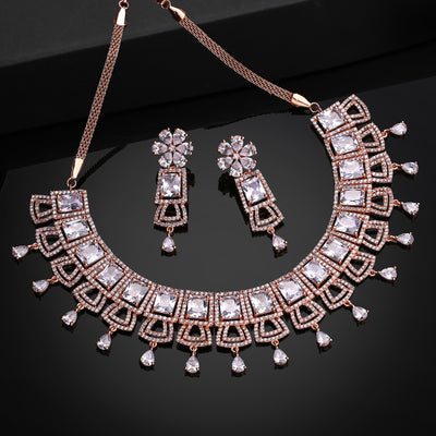 Estele Rose Gold Plated CZ Glimmering Dulhan Necklace Set with White Crystals for Women