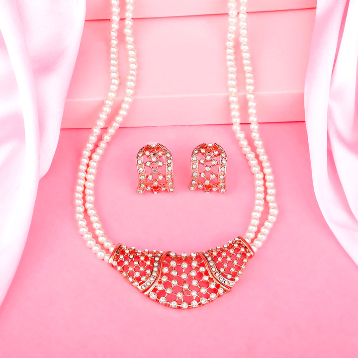 Estele Rose Gold Plated Shimmering Pearl Necklace Set with Crystals for Women