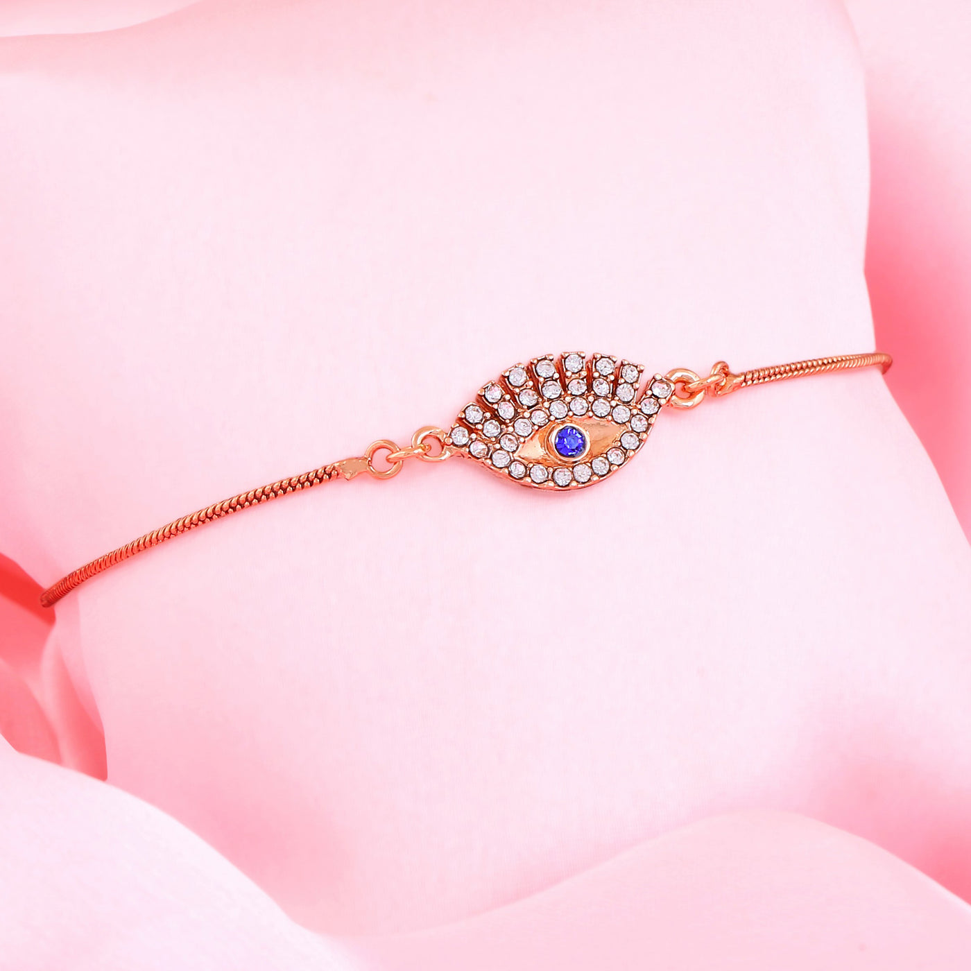 Estele Rose Gold Plated Evil Eye Designer Link Bracelet with Crystals for Women