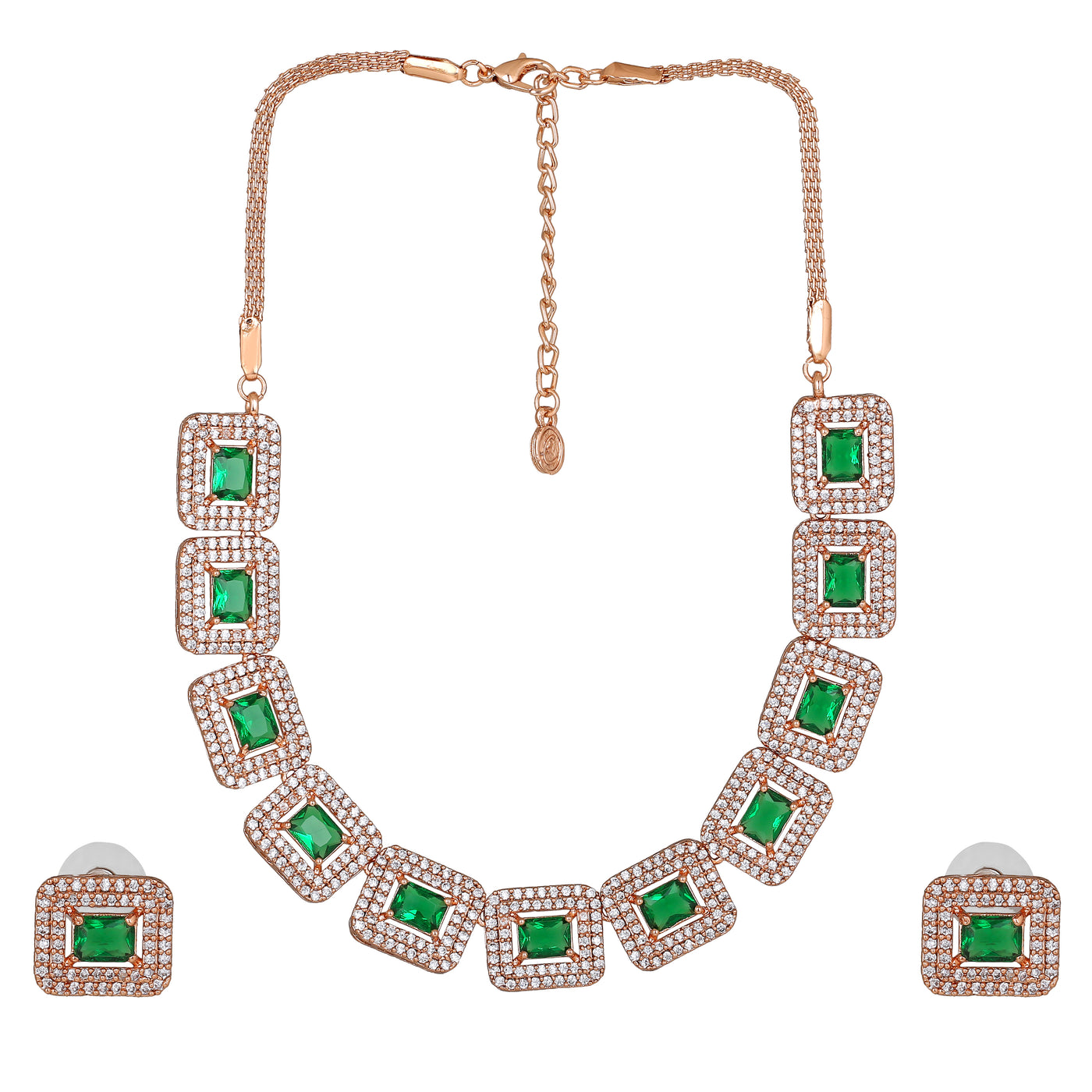 Estele Rose Gold Plated CZ Sparkling Necklace Set with Green Crystals for Women