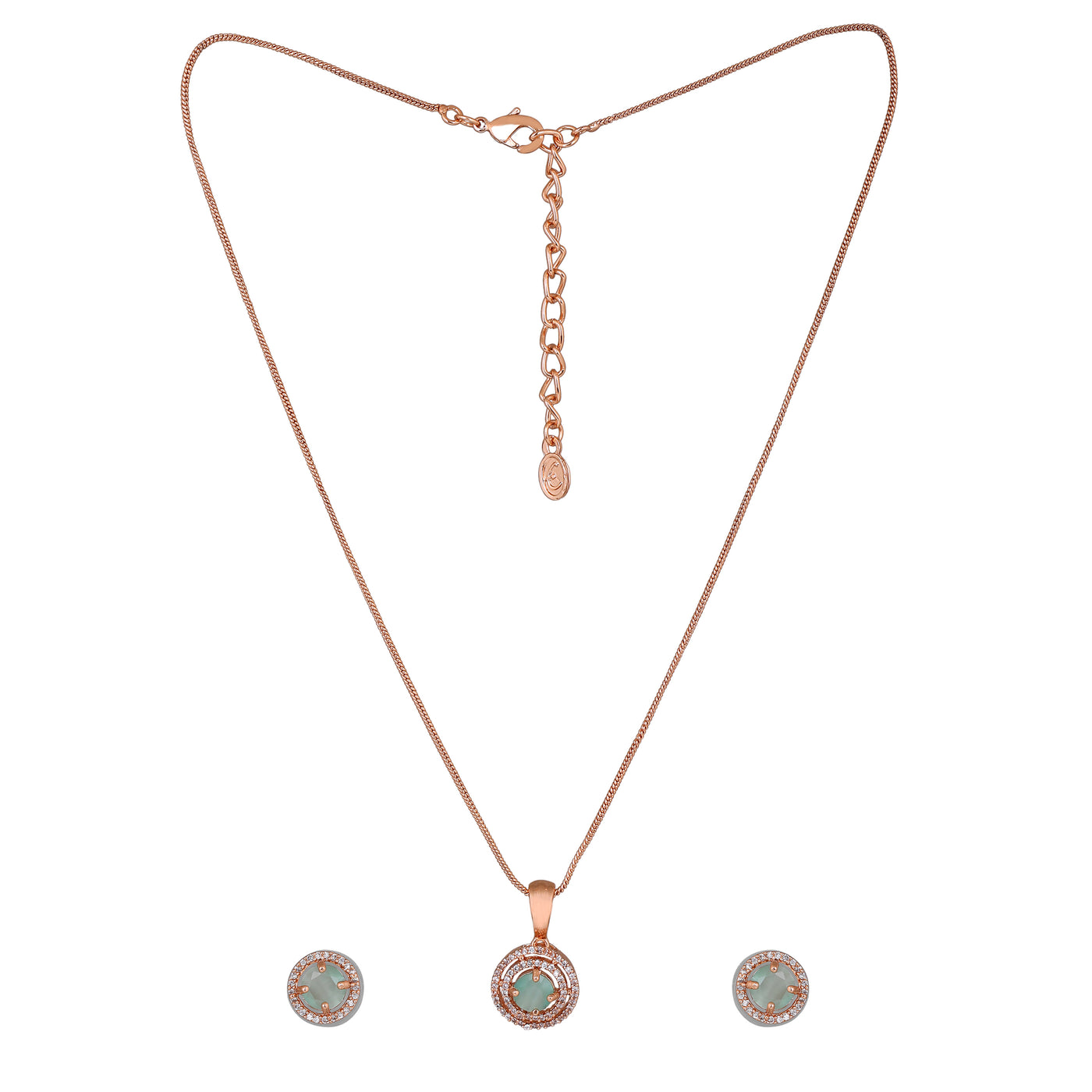 Estele Rose Gold Plated CZ Circular Designer Pendant Set with Mint Green Stones for Women