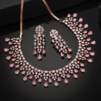 Estele Rose Gold Plated CZ Sparkling Necklace Set with Mint Pink Stones for Women
