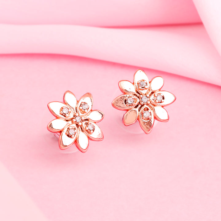 Estele Rose Gold Plated Flower Shaped Stud Earrings with Crystals for Women