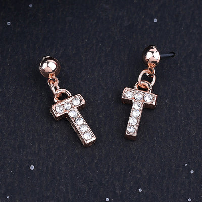 Estele Rose Gold Plated Magnificent Medium 'T' Letter Earrings with Crystals for Women