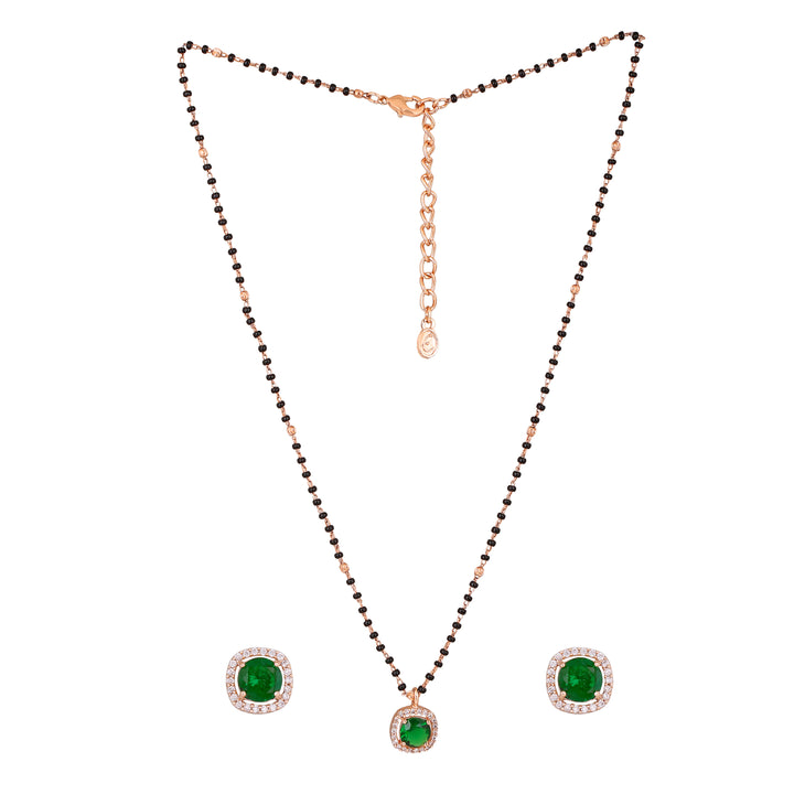 Estele Rose Gold Plated CZ Sparkling Square Designer Mangalsutra Necklace Set with Green Stones for Women