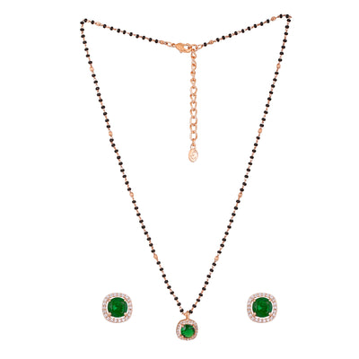 Estele Rose Gold Plated CZ Sparkling Square Designer Mangalsutra Necklace Set with Green Stones for Women