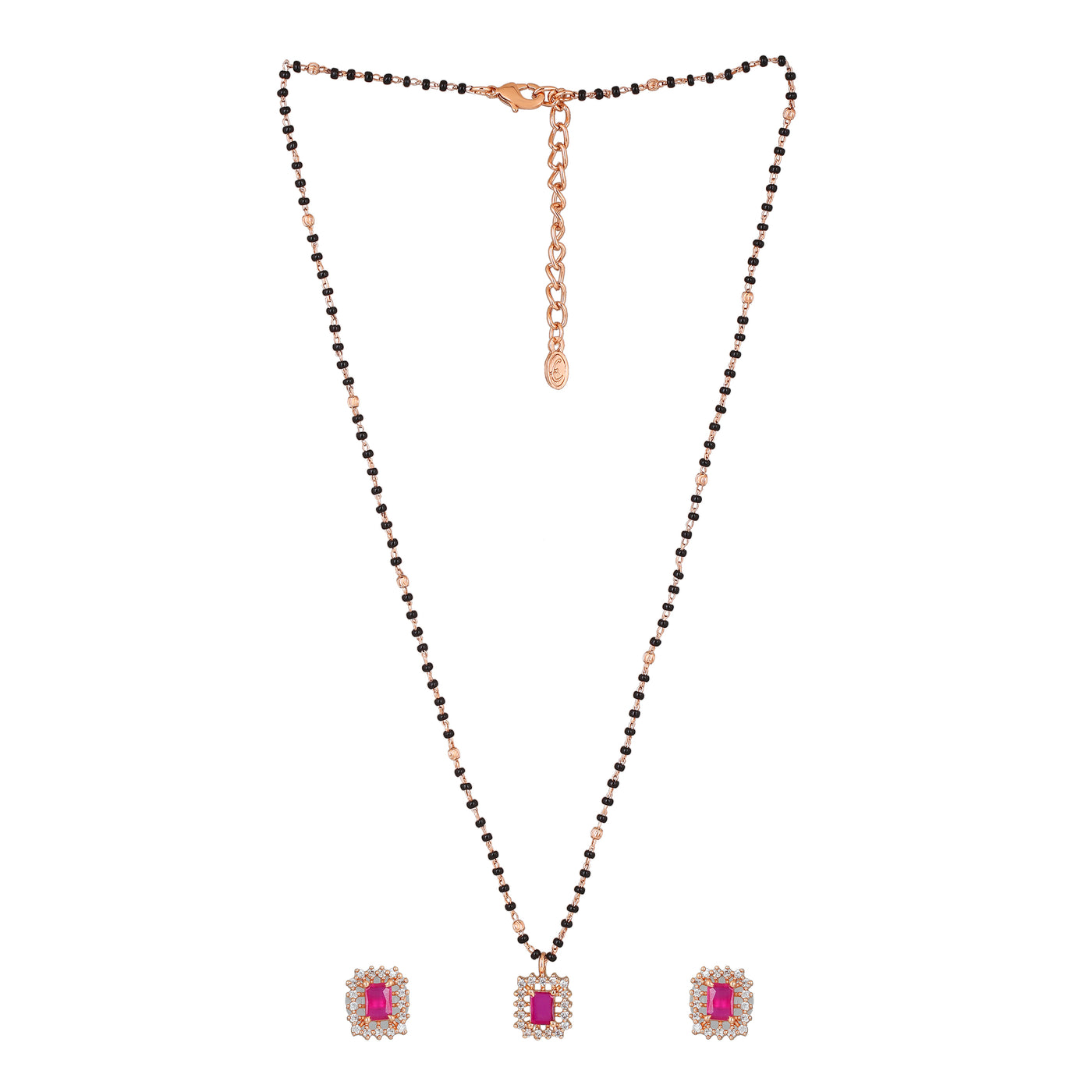 Estele Rose Gold Plated CZ Square Designer Mangalsutra Necklace Set with Ruby Stones for Women