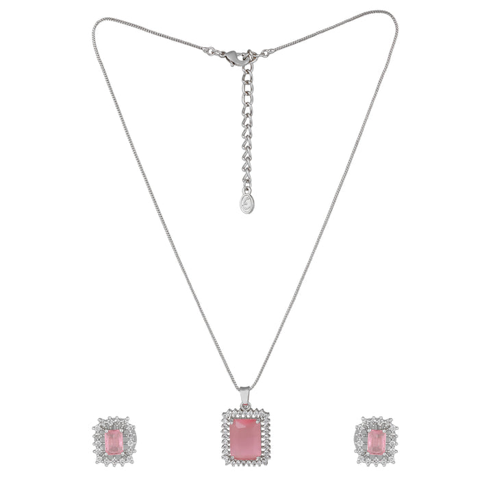 Estele Rhodium Plated CZ Square Designer Pendant Set with Mint Pink for Women