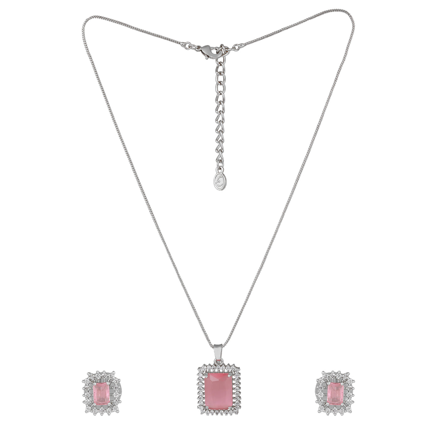 Estele Rhodium Plated CZ Square Designer Pendant Set with Mint Pink for Women