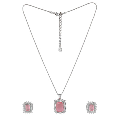 Estele Rhodium Plated CZ Square Designer Pendant Set with Mint Pink for Women