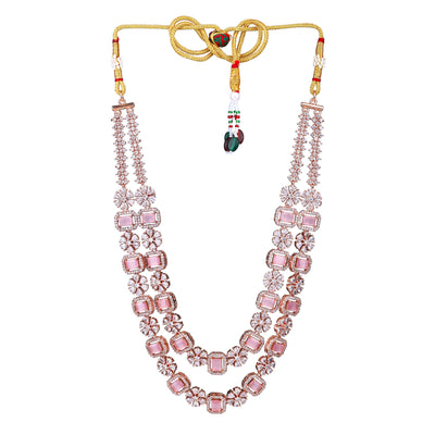 Estele Rose Gold Plated CZ Captivating Double Layered Necklace Set with Mint Pink & White Crystals for Women
