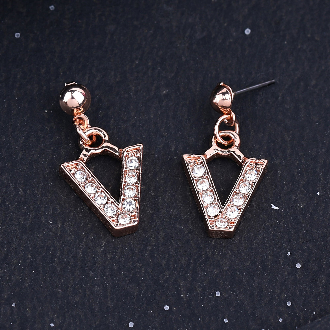 Estele Rose Gold Plated Magnificent Medium 'V' Letter Earrings with Crystals for Women