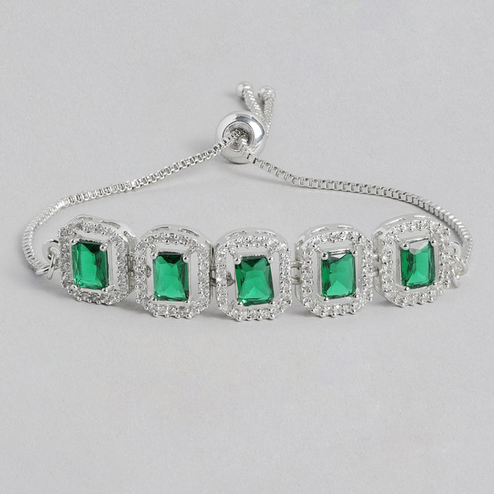 Estele Rhodium Plated CZ Ossum Octagon Bracelet With Emerald Crystals for Women