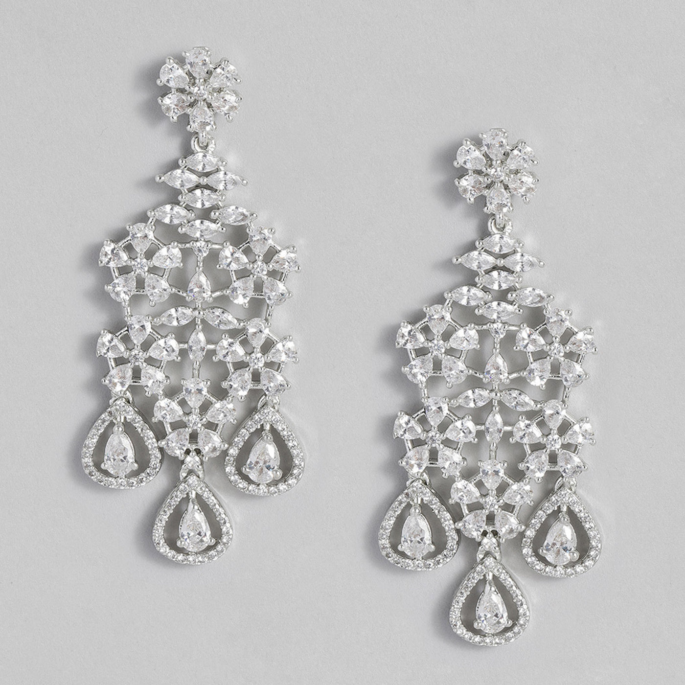 Estele Rhodium Plated CZ Snow Flakes Chandelier Long Earrings for Women