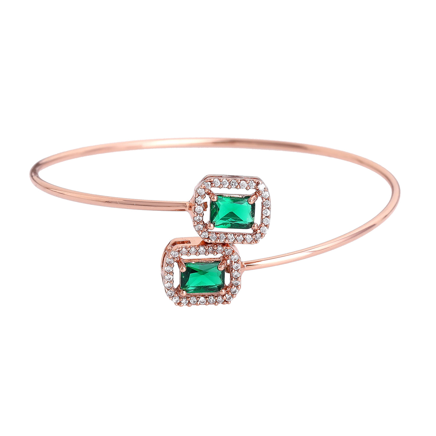 Estele Rosegold Plated Gorgeous Square Designer Lightweight Cuff Kada Bracelet with Green American Diamonds for Women