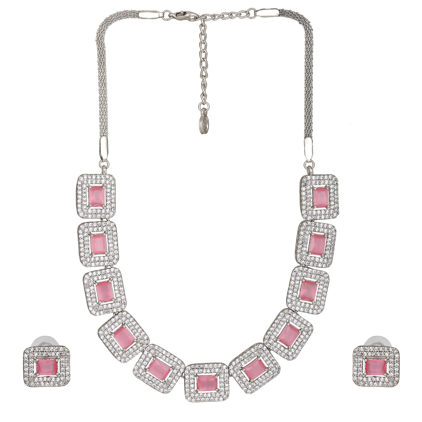 Estele Rhodium Plated CZ Ravishing Necklace Set with Mint Pink for Women