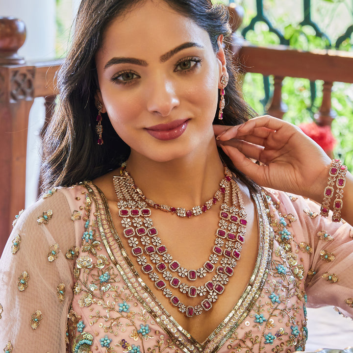 Estele Rose Gold Plated CZ Scintillating Dulhan Combo Necklace Set with Ruby Stones for Women(Set of 2)