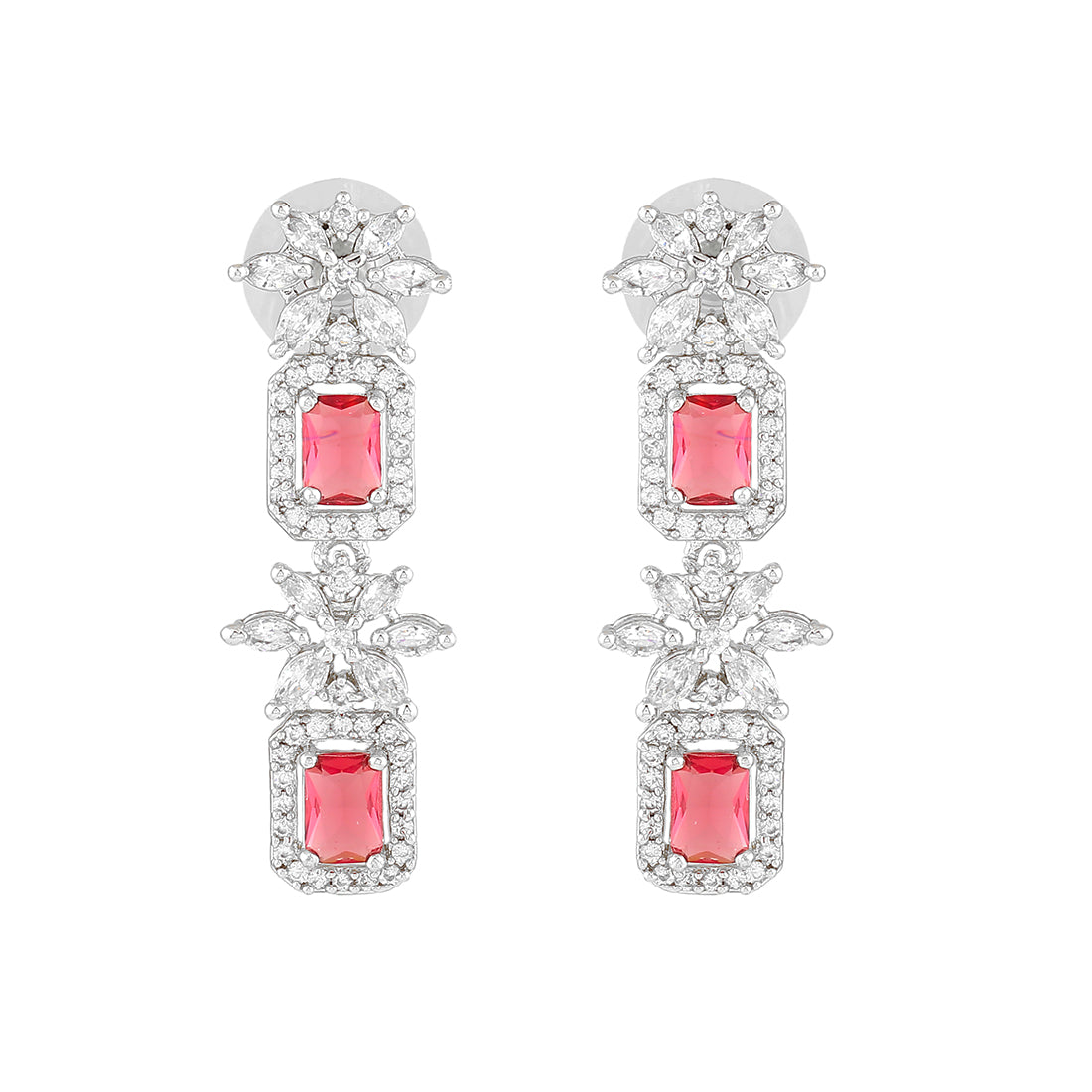 Estele Rhodium Plated CZ Scintillating Designer Drop Earrings with Tourmaline Pink Crystals for Women