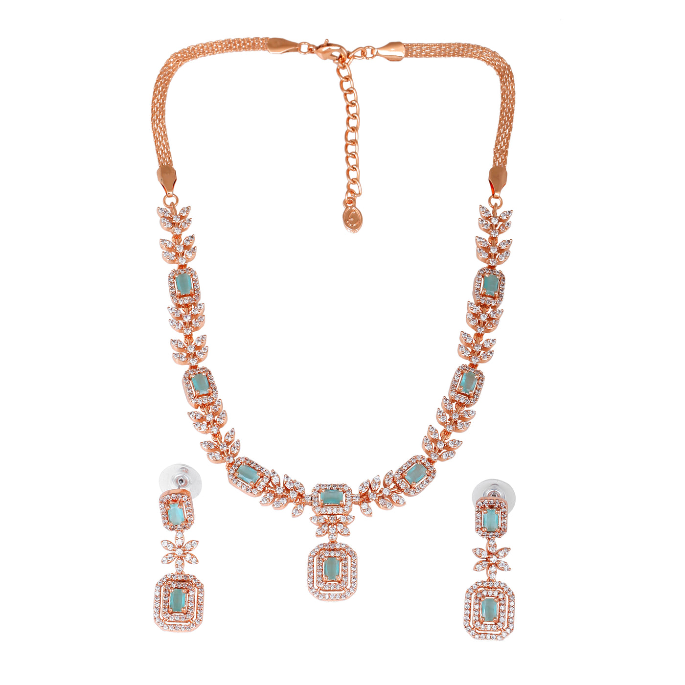 Estele Rose Gold Plated CZ Classic Designer Necklae Set with Mint Green Stones for Women