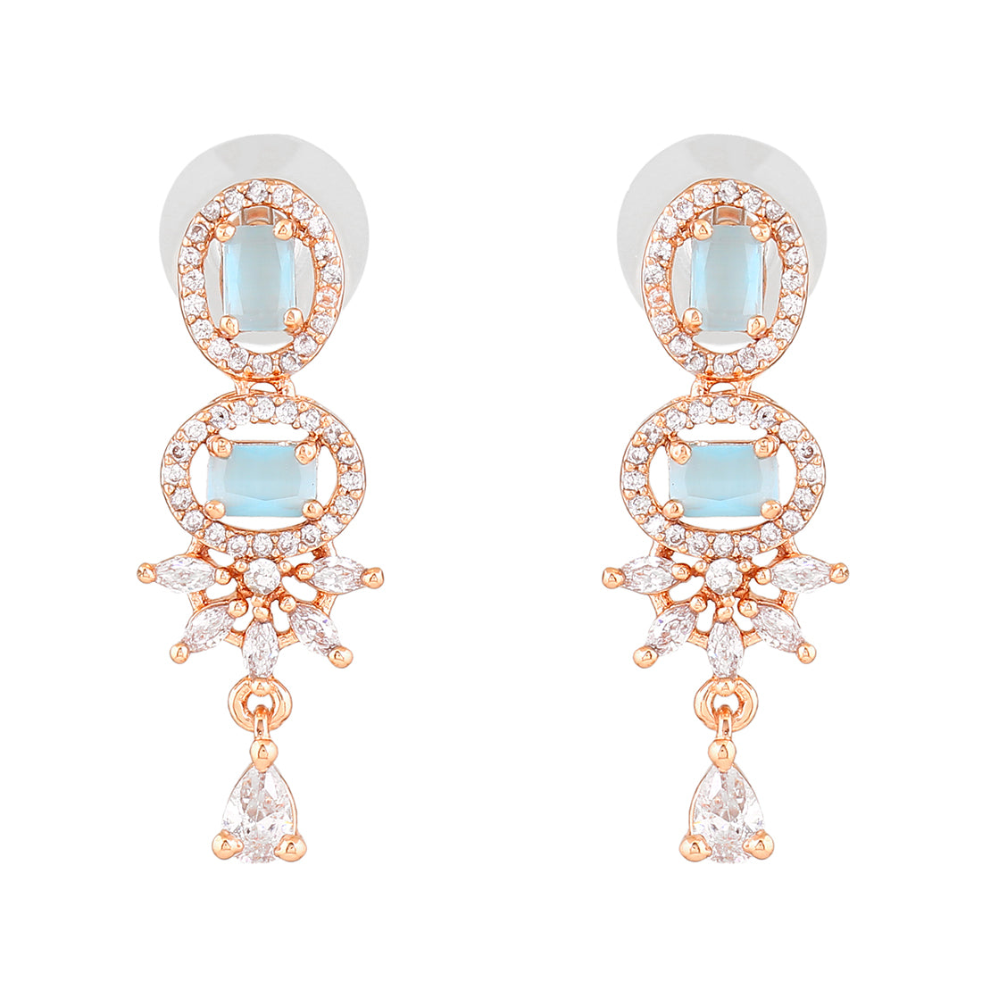 Estele Rose Gold Plated CZ Adorable Earrings With Mint Blue Crystals For Women