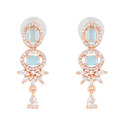 Estele Rose Gold Plated CZ Adorable Earrings With Mint Blue Crystals For Women