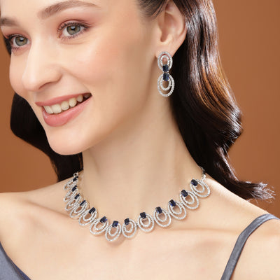 Estele Rhodium Plated CZ Attractive Necklace Set with Blue Stones for Women