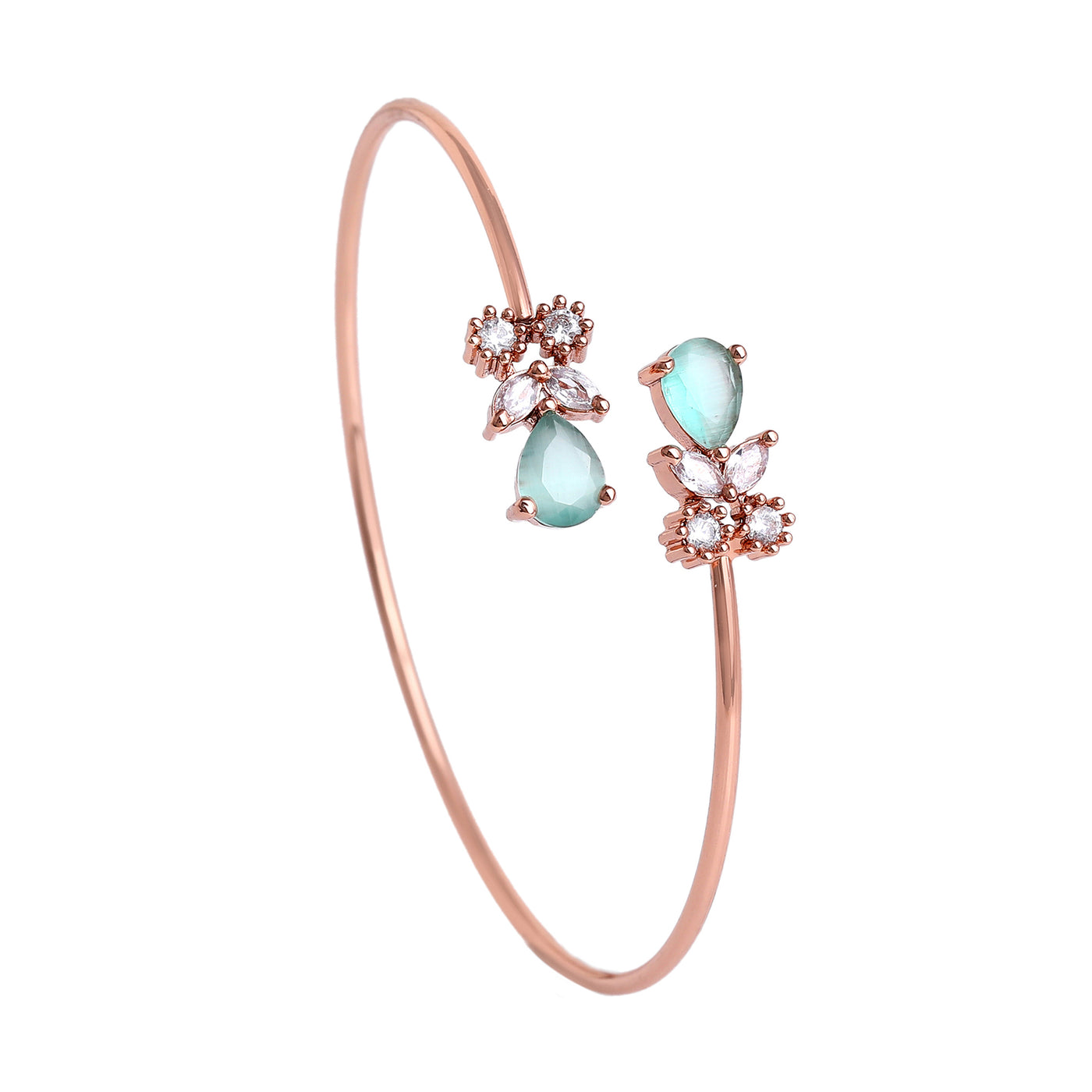 Estele Rosegold Plated Luxurious Lightweight Cuff Kada Bracelet with Mint Green American Diamonds|Effortless Glamour for Women