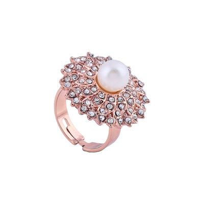 Estele Rose Gold Plated Adjustable Flower Designer Finger Ring with Crystals for Women