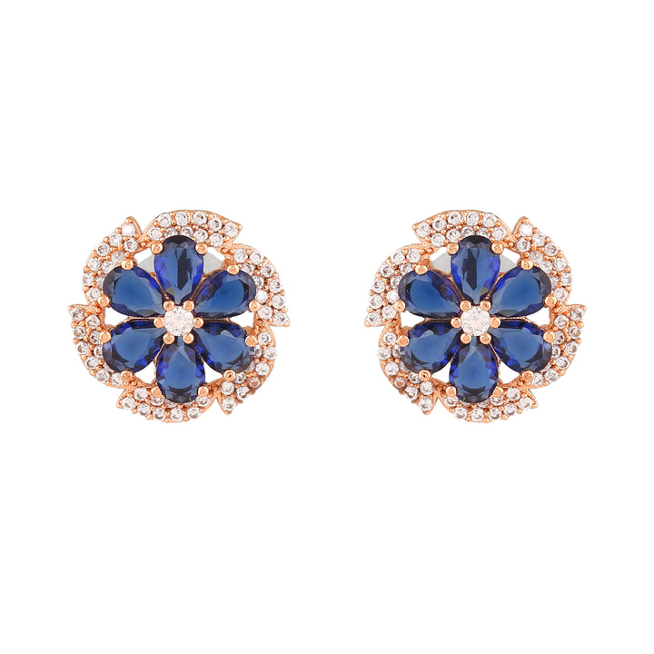 Estele Rose Gold Plated CZ Floral Designer Stud Earrings with Blue Stones for Women