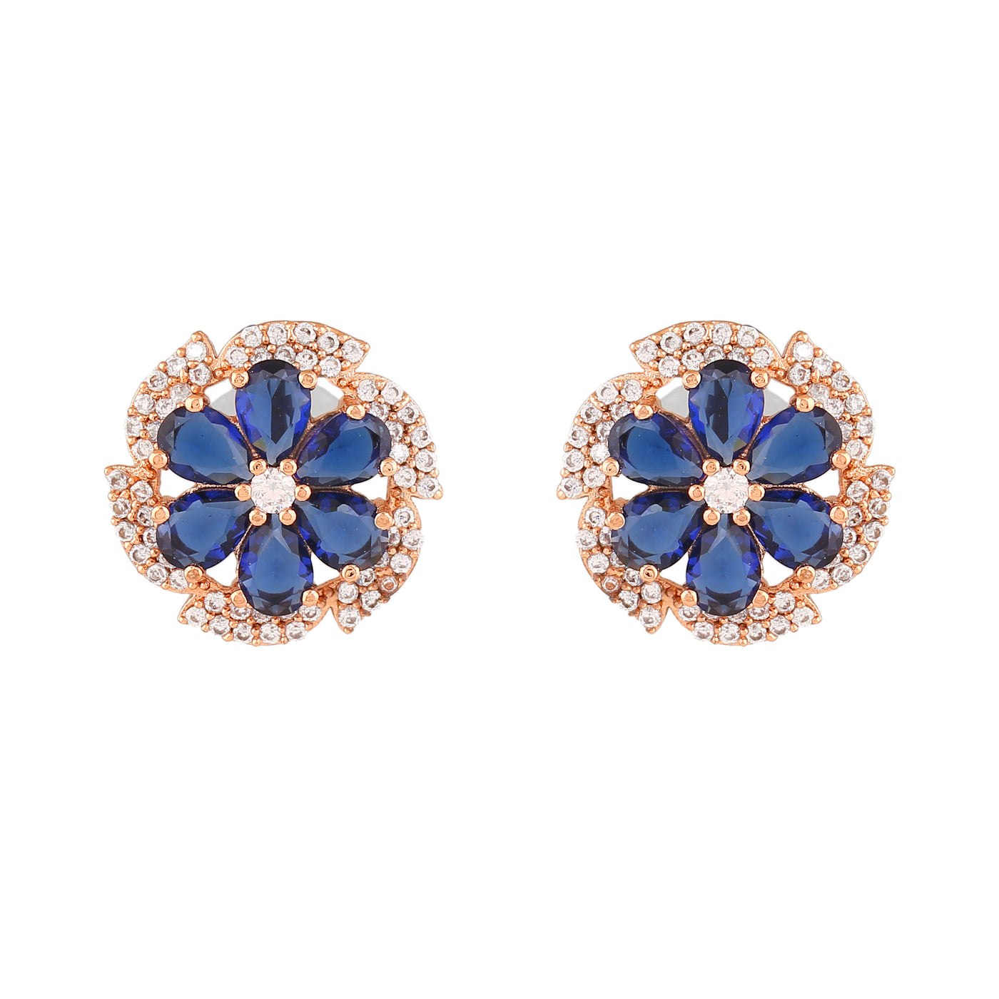 Estele Rose Gold Plated CZ Floral Designer Stud Earrings with Blue Stones for Women